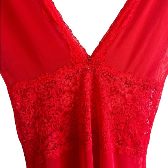 Coquette Red Long Sheer Lace Detail  Women's V Neck Nightie Dress Size Small - Picture 2 of 8